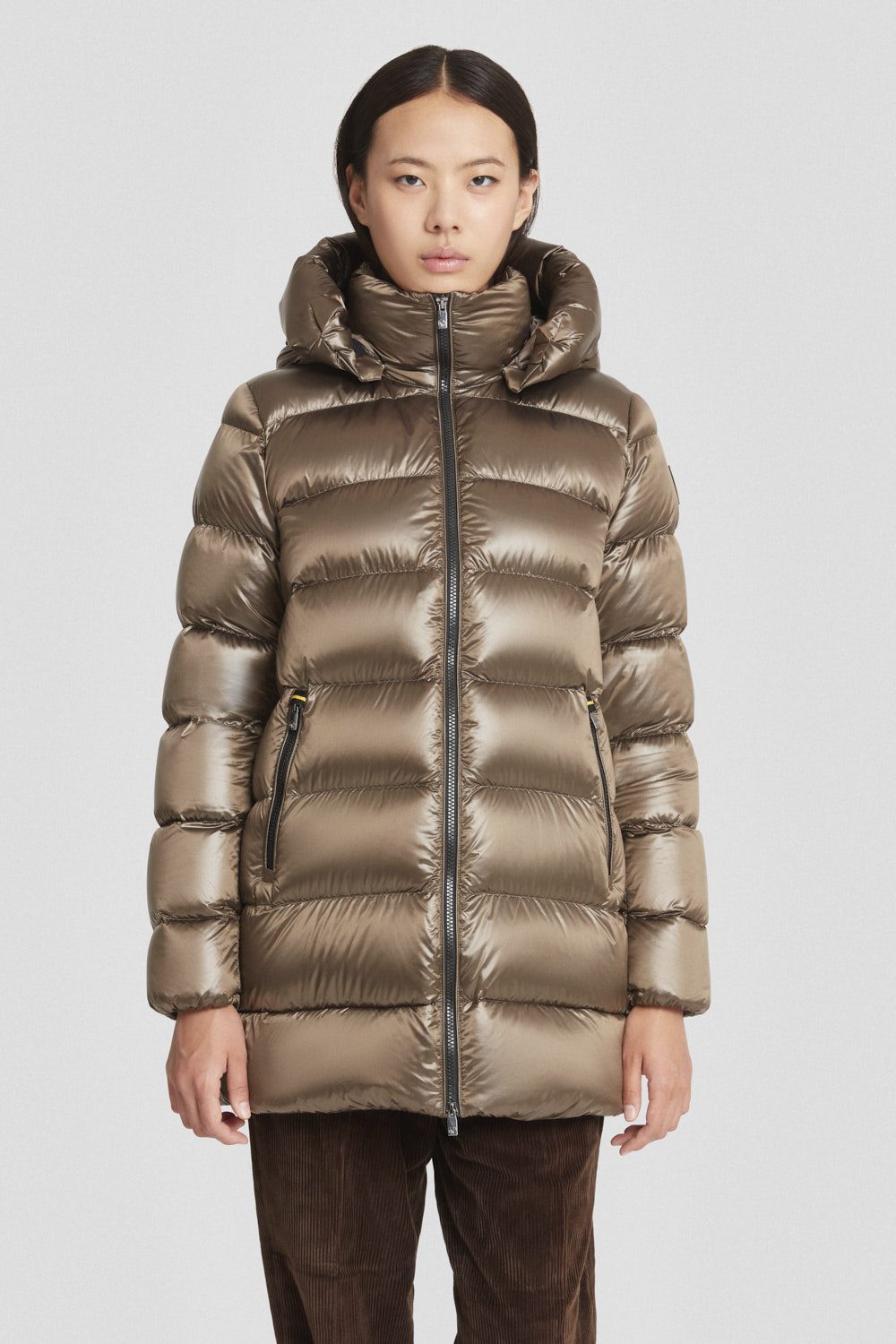 Piumino Ciesse medio-lungo marrone con cappuccio staccabile